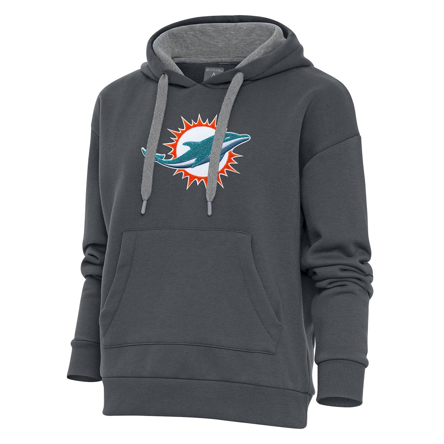 Women's Antigua Charcoal Miami Dolphins Victory Chenille Pullover Hoodie