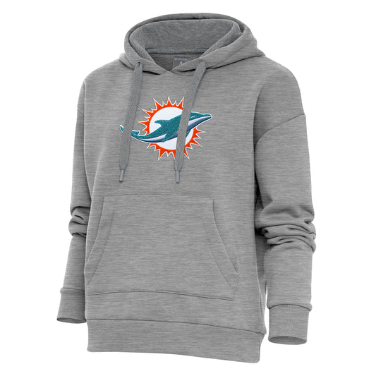 Women's Antigua Heather Gray Miami Dolphins Victory Chenille Pullover Hoodie