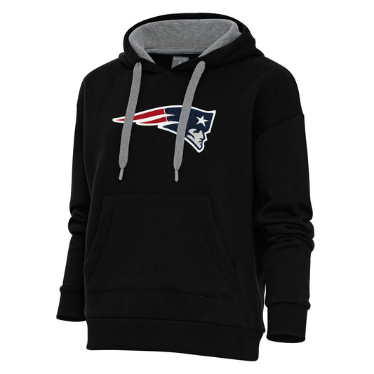 Women's Antigua Black New England Patriots Victory Chenille Pullover Hoodie