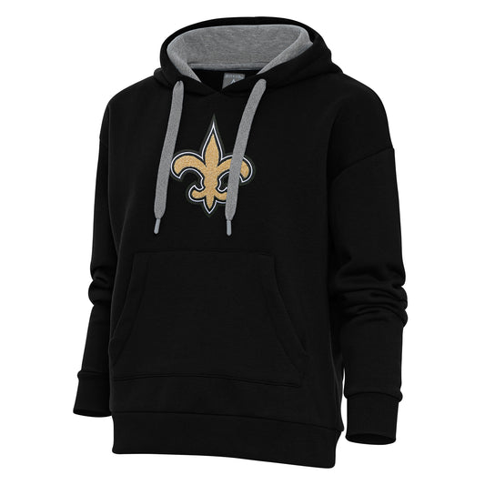 Women's Antigua Black New Orleans Saints Victory Chenille Pullover Hoodie