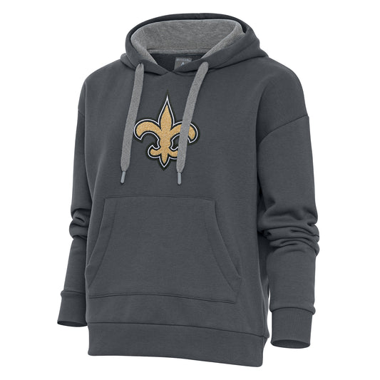 Women's Antigua Charcoal New Orleans Saints Victory Chenille Pullover Hoodie