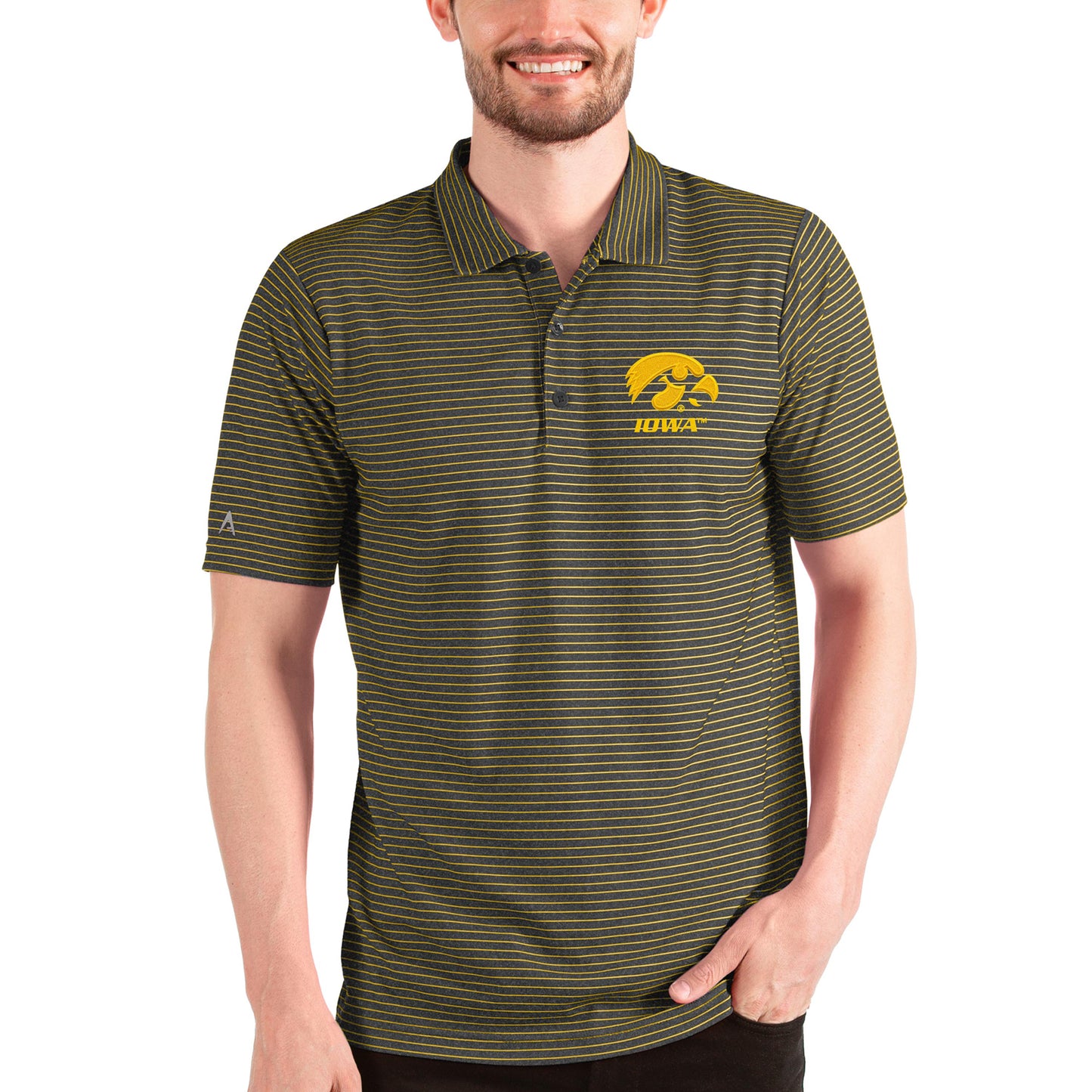 Men's Antigua Heathered Black/Gold Iowa Hawkeyes Esteem Polo