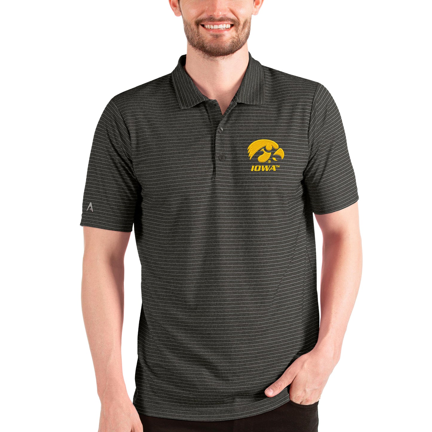 Men's Antigua Heathered Black/Silver Iowa Hawkeyes Esteem Polo