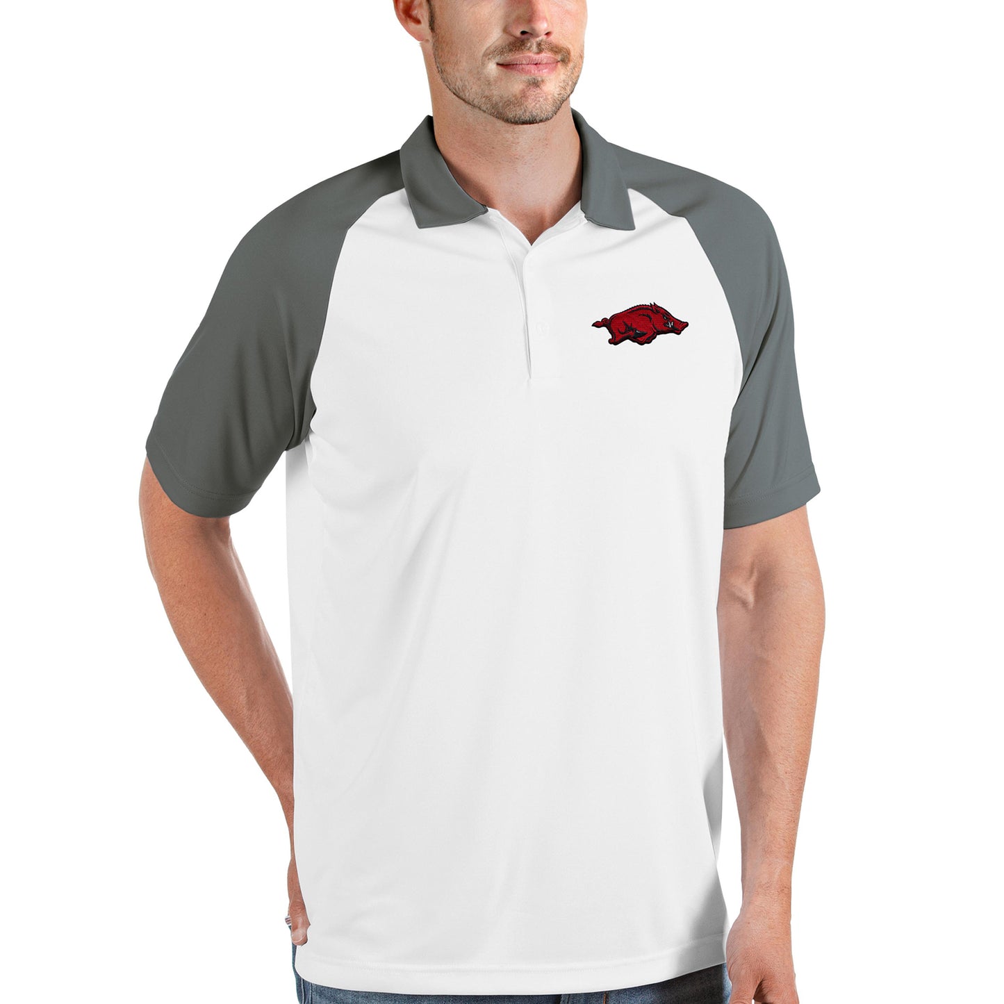 Men's Antigua White/Steel Arkansas Razorbacks Nova Polo