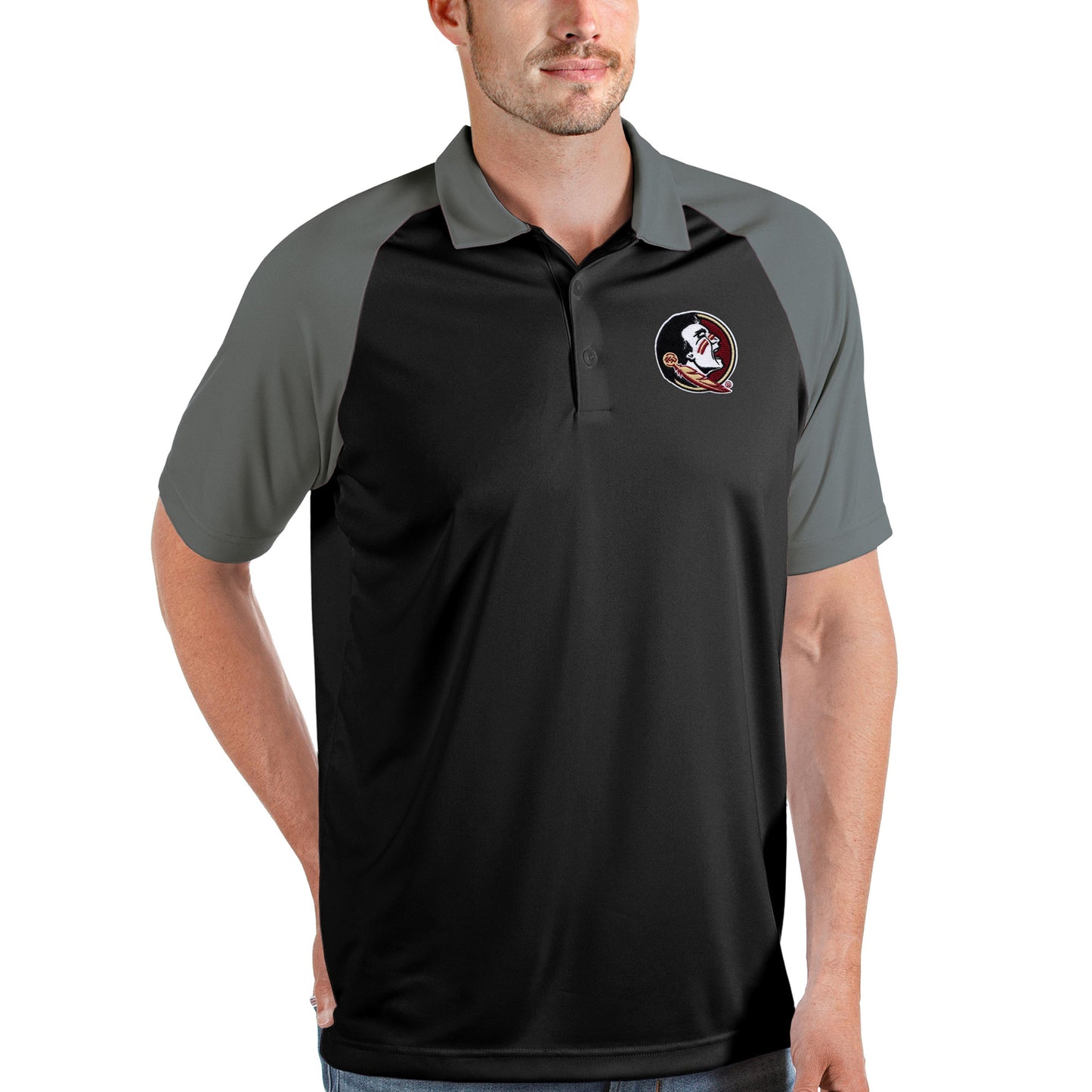 Men's Antigua Black/Steel Florida State Seminoles Nova Polo