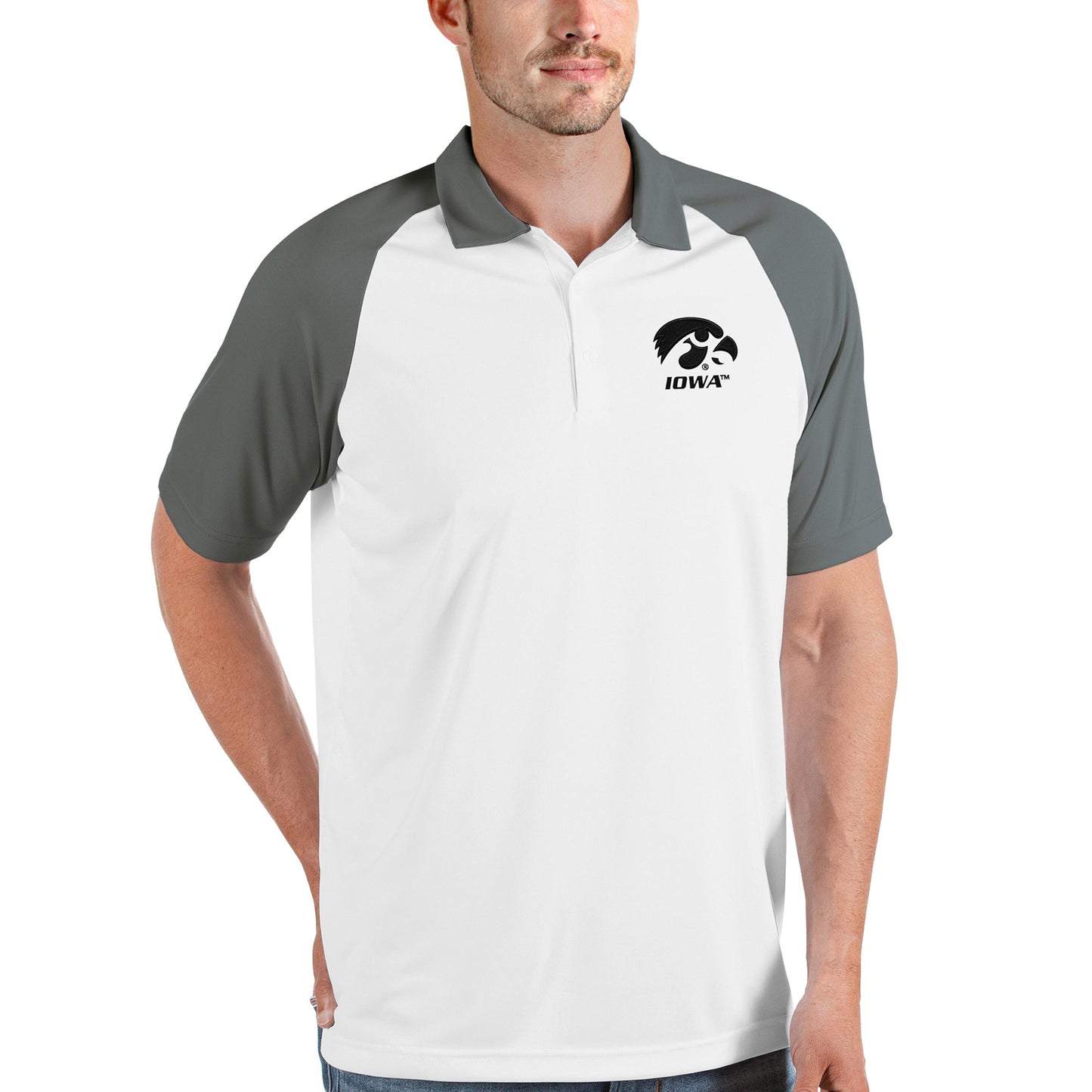 Men's Antigua White/Steel Iowa Hawkeyes Nova Polo