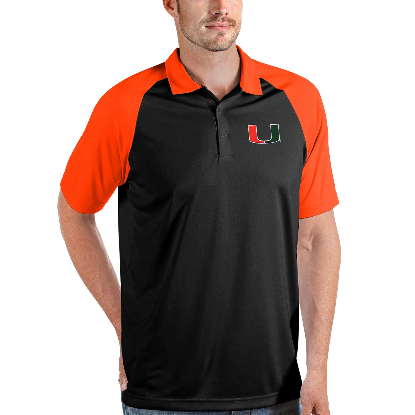 Men's Antigua Black/Orange Miami Hurricanes Nova Polo