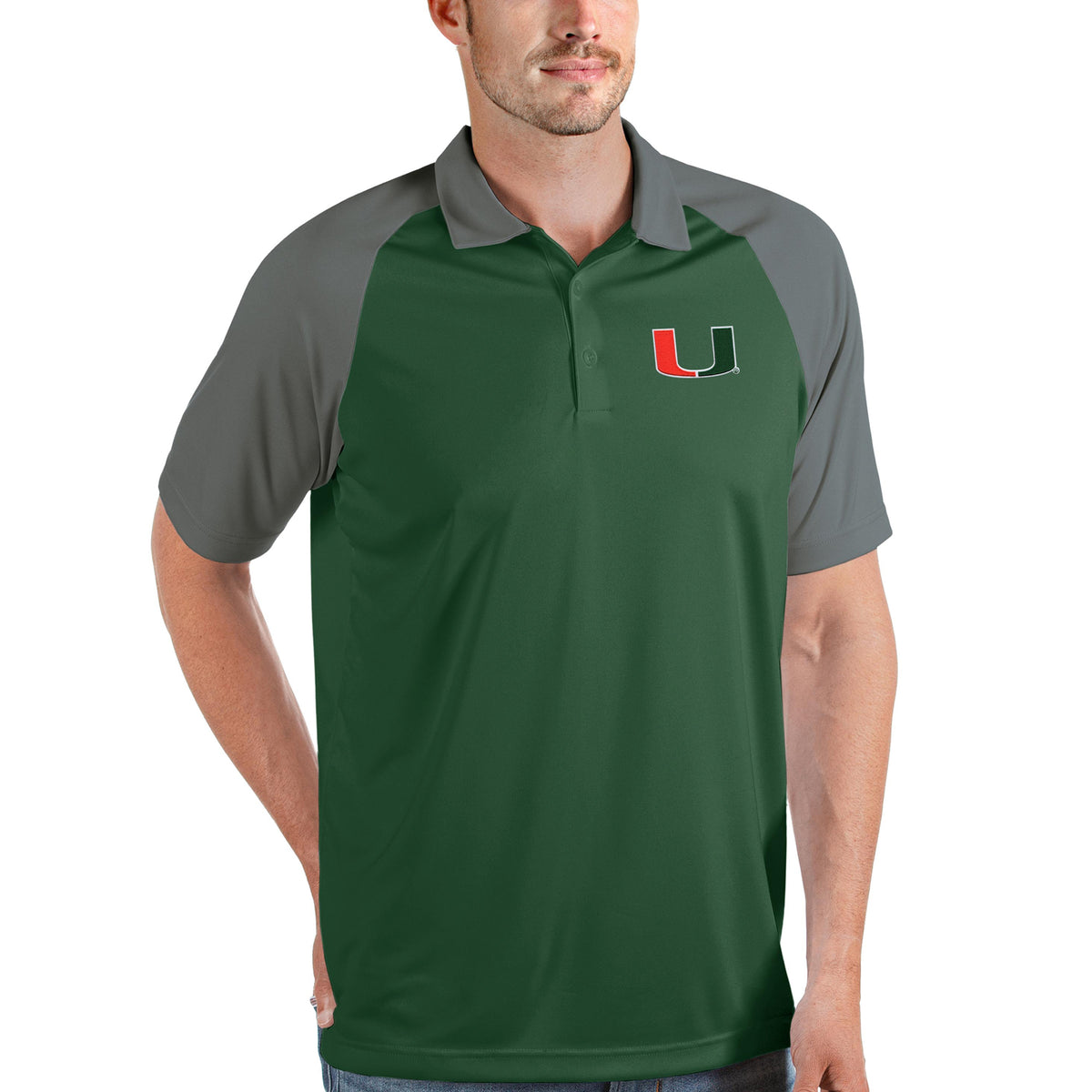 Men's Antigua Green/Steel Miami Hurricanes Nova Polo