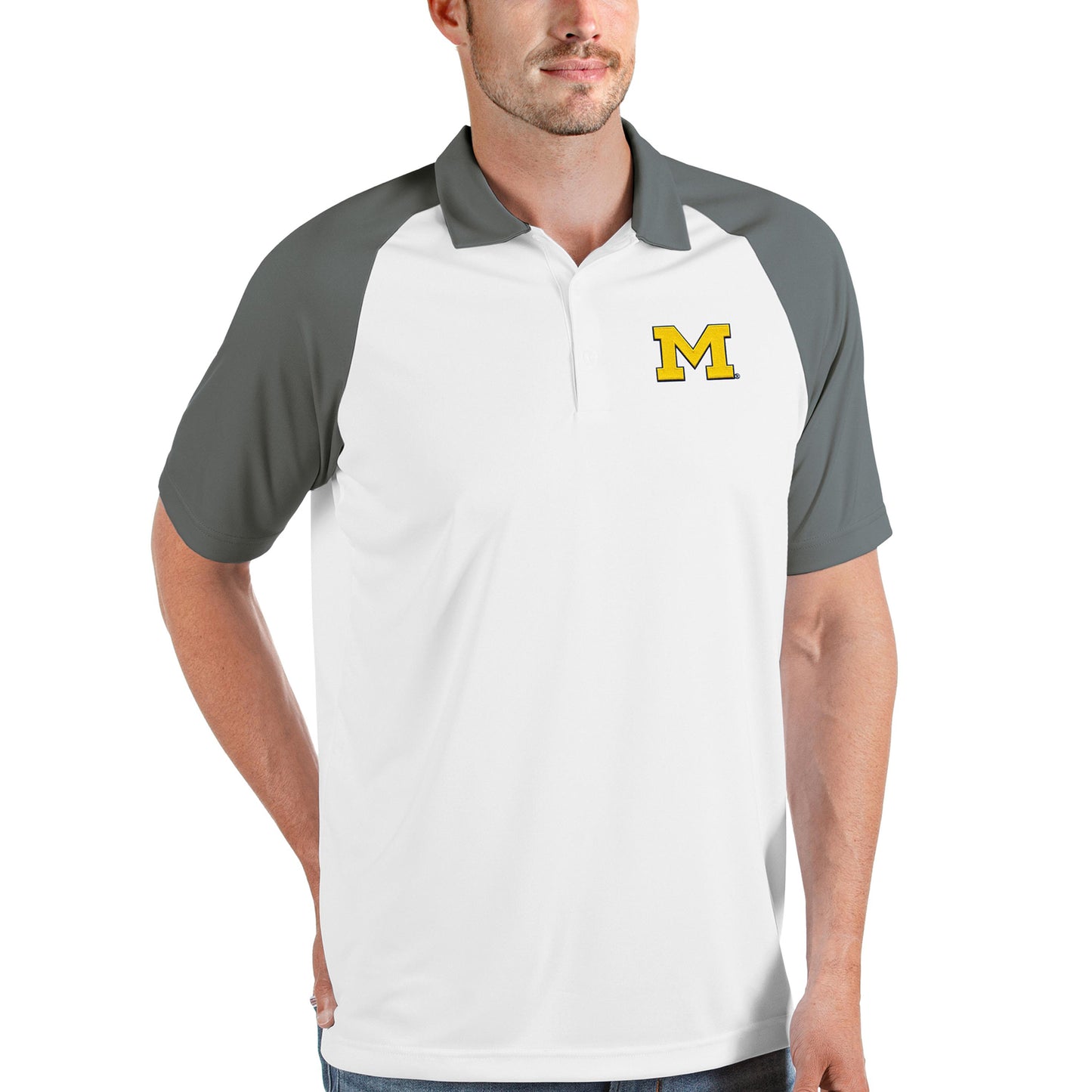 Men's Antigua White/Steel Michigan Wolverines Nova Polo