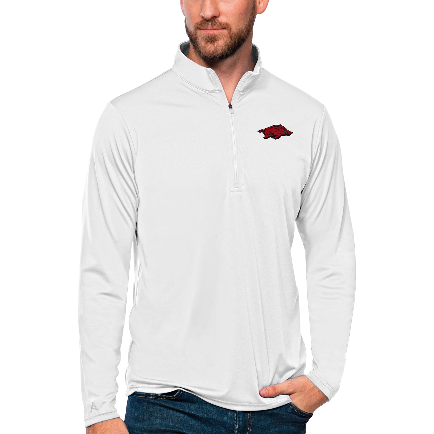 Men's Antigua White Arkansas Razorbacks Tribute Quarter-Zip Top