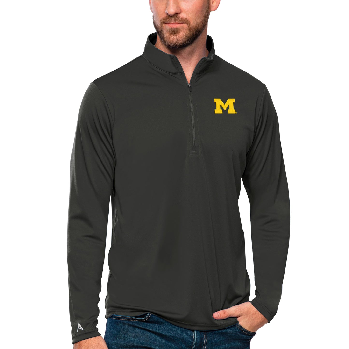 Men's Antigua Charcoal Michigan Wolverines Tribute Quarter-Zip Top