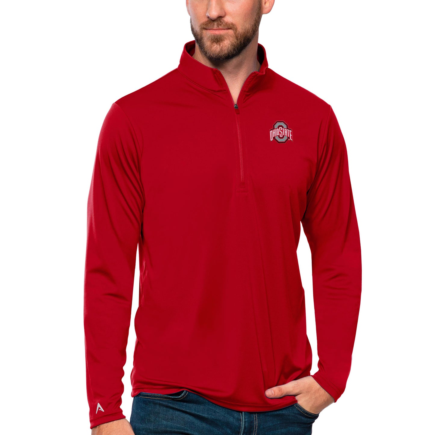 Men's Antigua Scarlet Ohio State Buckeyes Tribute Quarter-Zip Top