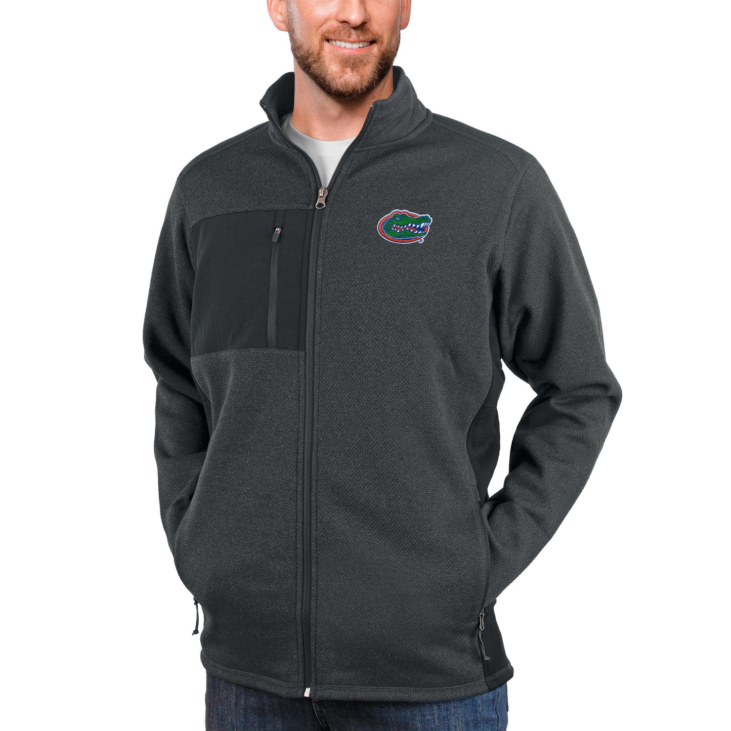 Men's Antigua Heather Charcoal Florida Gators Course Full-Zip Jacket