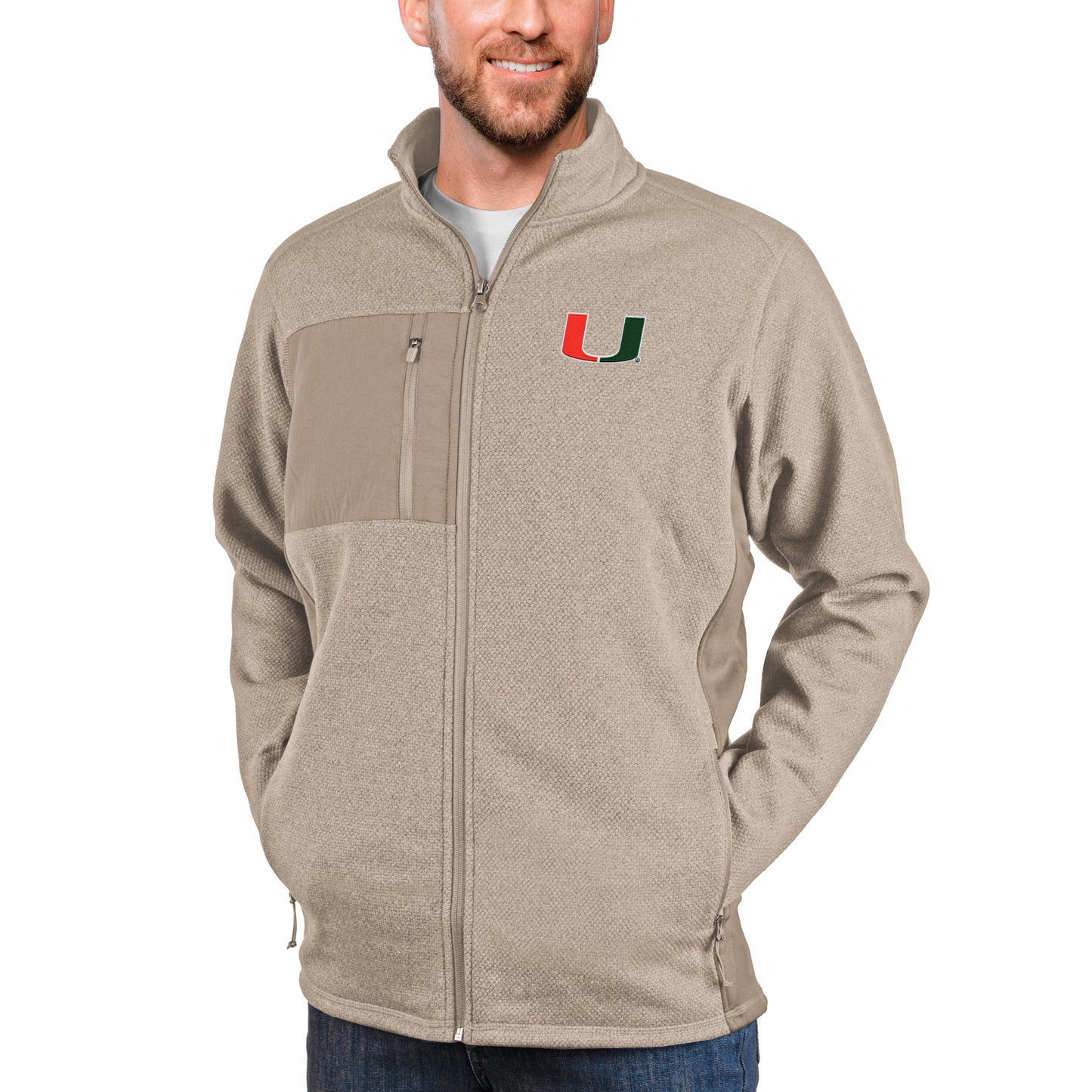 Men's Antigua Oatmeal Miami Hurricanes Course Full-Zip Jacket