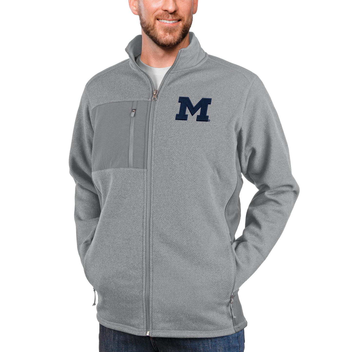 Men's Antigua Heather Gray Michigan Wolverines Course Full-Zip Jacket