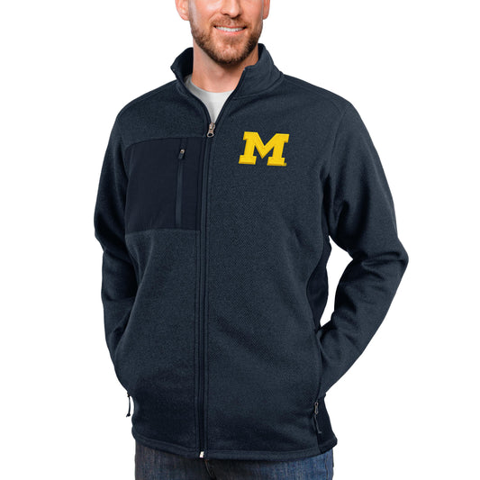 Men's Antigua Heather Navy Michigan Wolverines Course Full-Zip Jacket