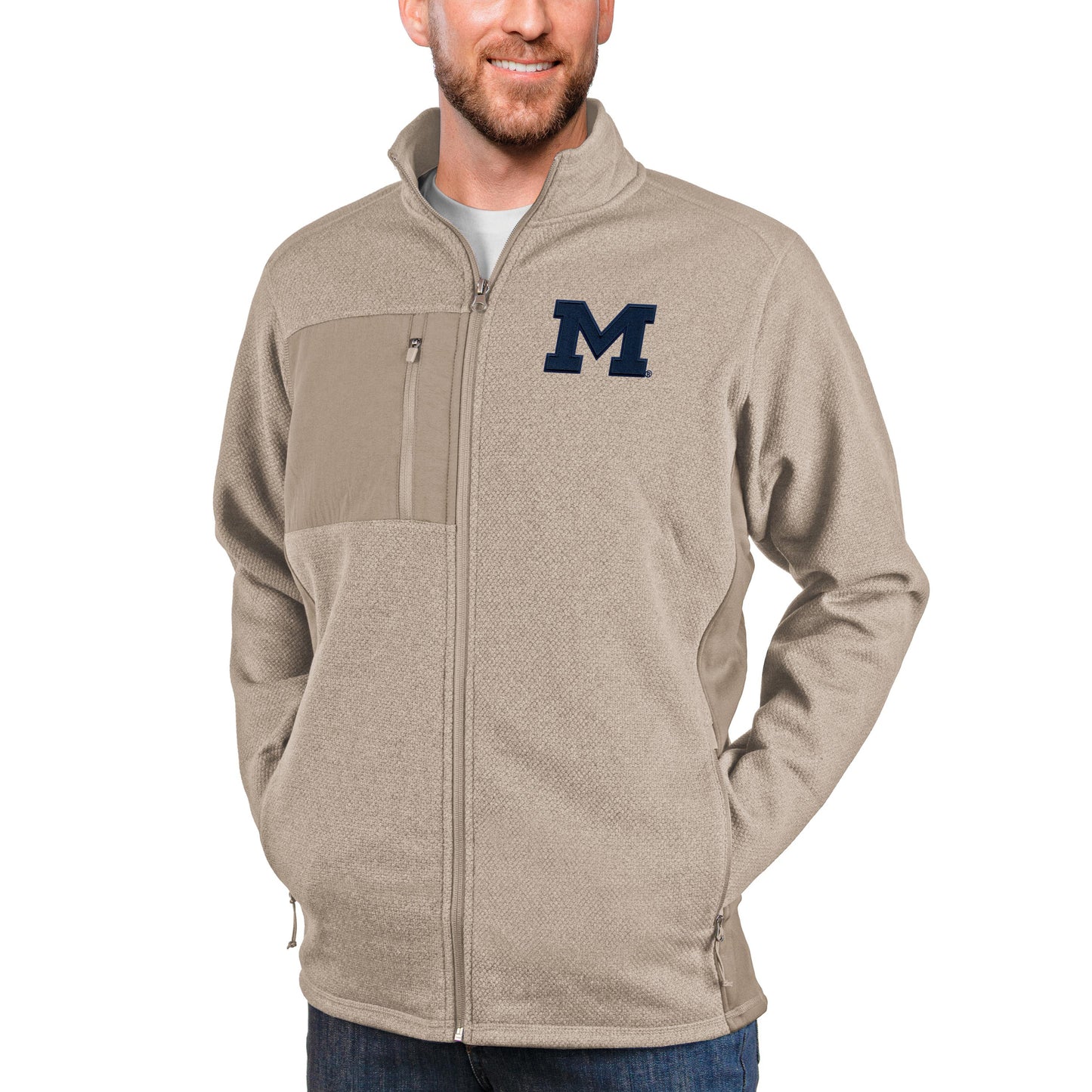 Men's Antigua Oatmeal Michigan Wolverines Course Full-Zip Jacket