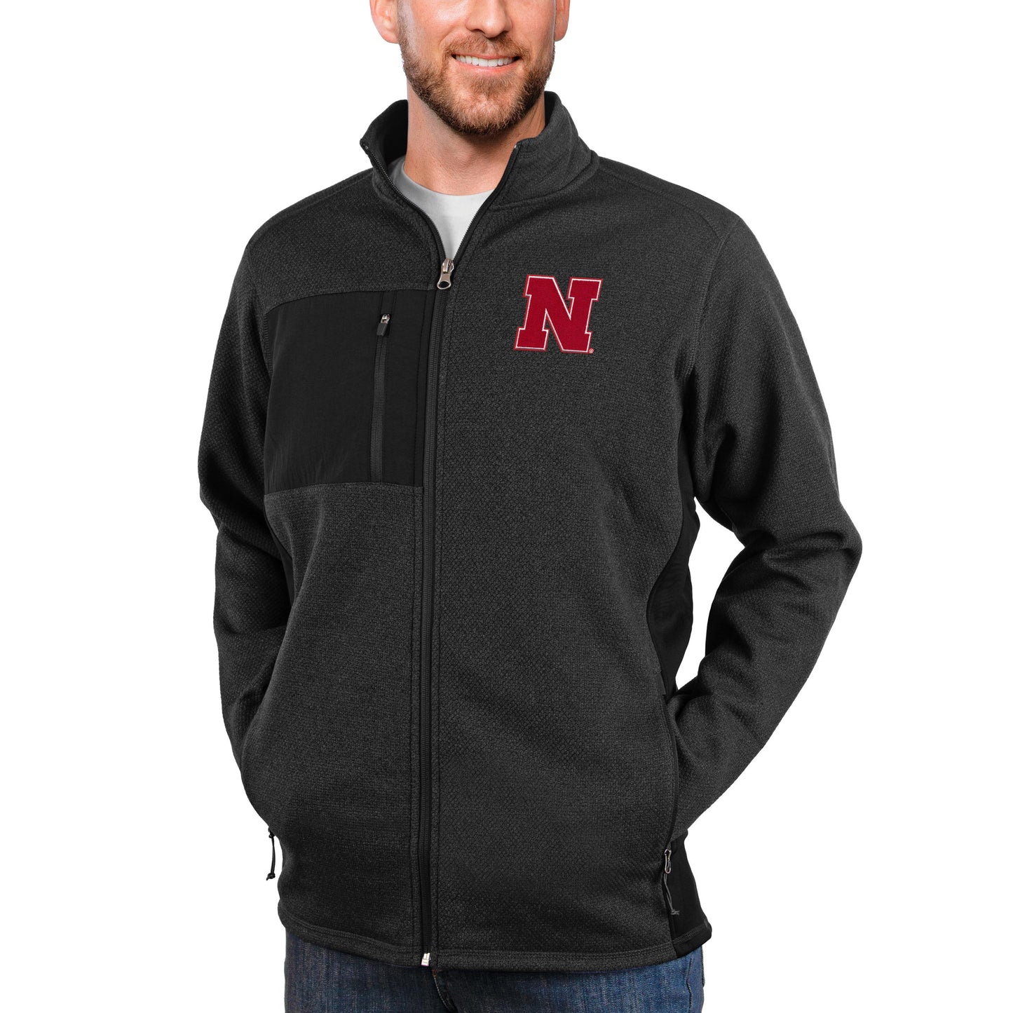 Men's Antigua Heather Black Nebraska Huskers Course Full-Zip Jacket