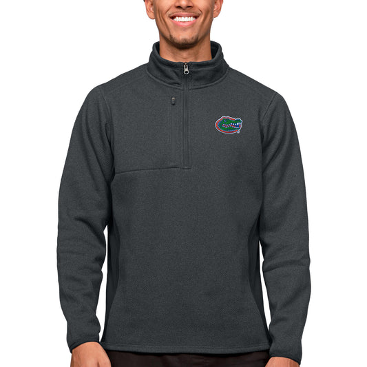 Men's Antigua Heather Charcoal Florida Gators Course Quarter-Zip Pullover Top