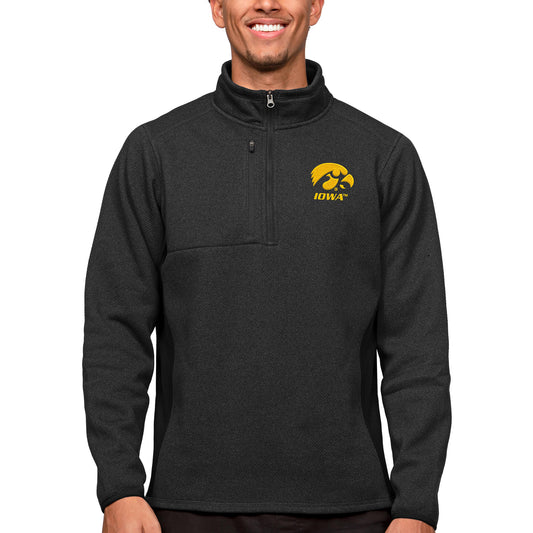 Men's Antigua Heather Black Iowa Hawkeyes Course Quarter-Zip Pullover Top