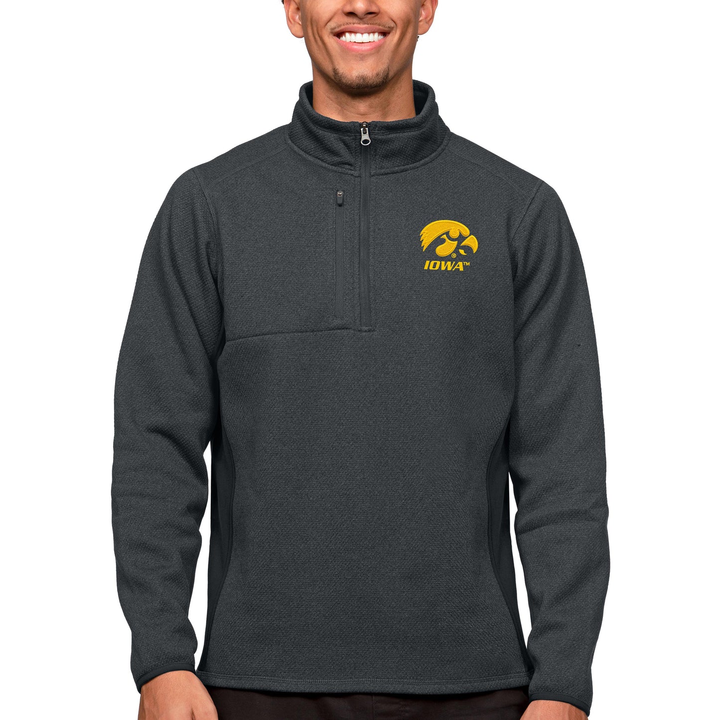 Men's Antigua Heather Charcoal Iowa Hawkeyes Course Quarter-Zip Pullover Top