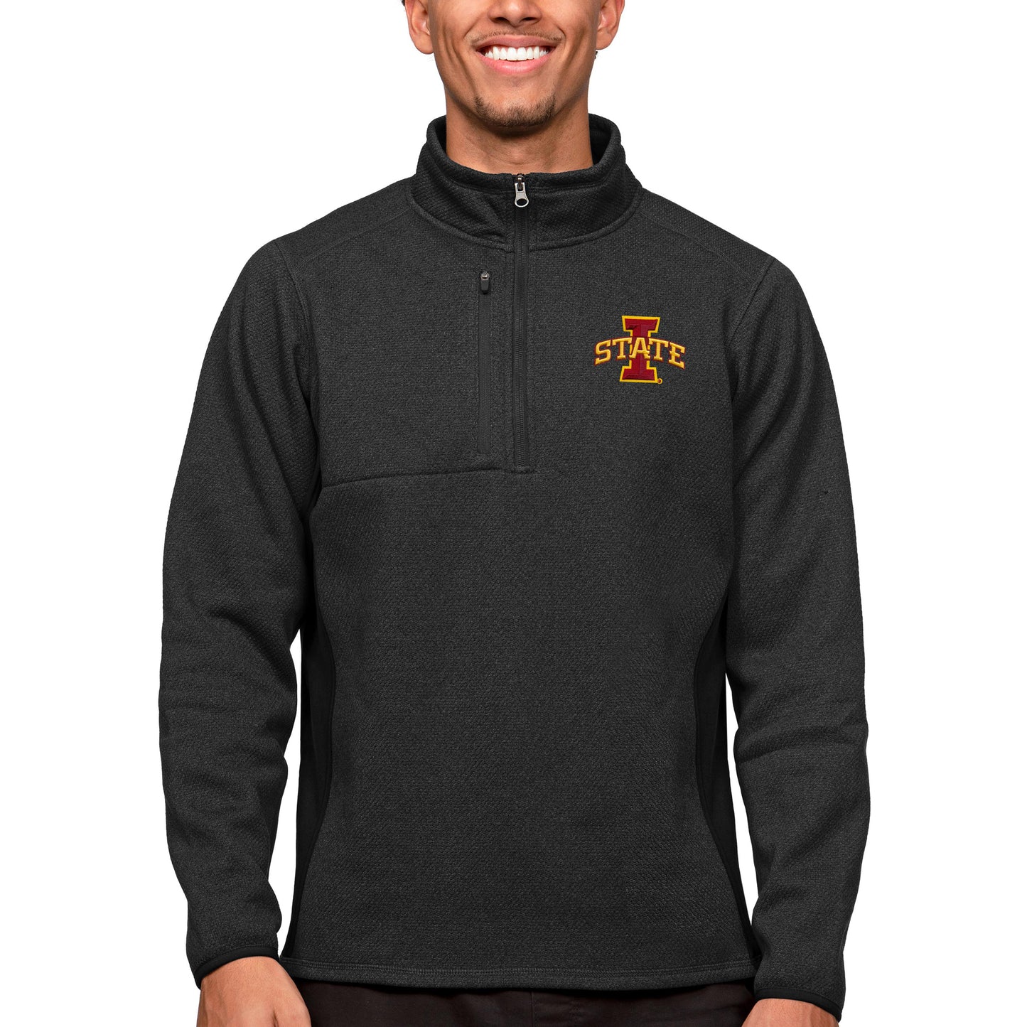 Men's Antigua Heather Black Iowa State Cyclones Course Quarter-Zip Pullover Top