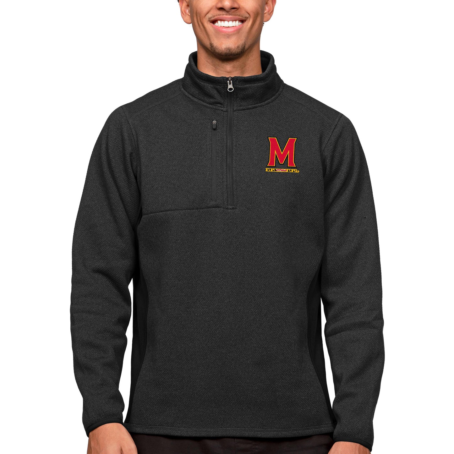 Men's Antigua Heather Black Maryland Terrapins Course Quarter-Zip Pullover Top