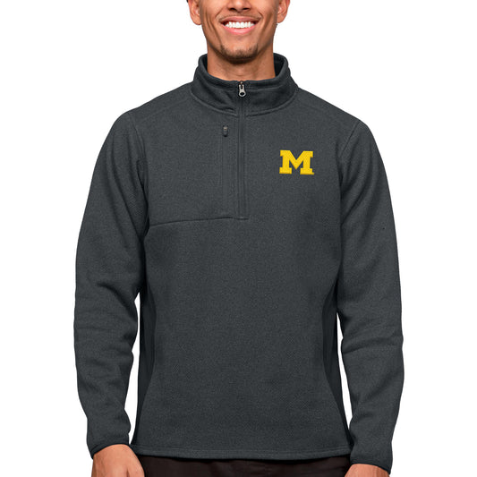 Men's Antigua Heather Charcoal Michigan Wolverines Course Quarter-Zip Pullover Top