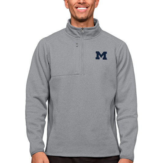 Men's Antigua Heather Gray Michigan Wolverines Course Quarter-Zip Pullover Top