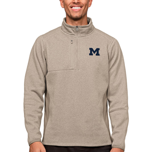 Men's Antigua Oatmeal Michigan Wolverines Course Quarter-Zip Pullover Top