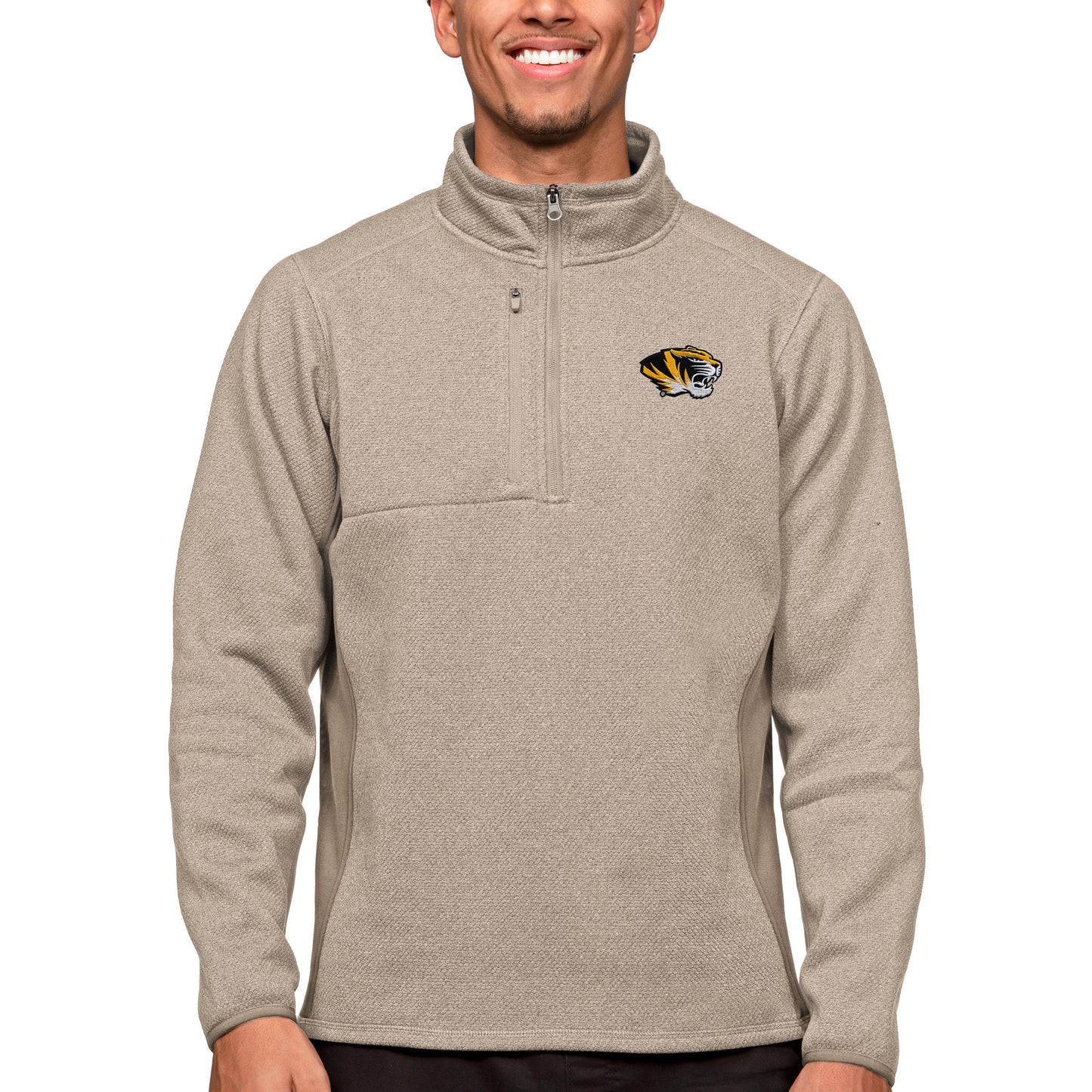 Men's Antigua Oatmeal Missouri Tigers Course Quarter-Zip Pullover Top