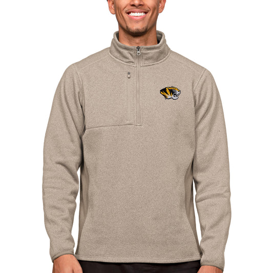 Men's Antigua Oatmeal Missouri Tigers Course Quarter-Zip Pullover Top