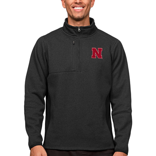 Men's Antigua Heather Black Nebraska Huskers Course Quarter-Zip Pullover Top