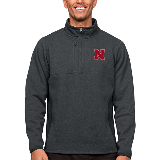 Men's Antigua Heather Charcoal Nebraska Huskers Course Quarter-Zip Pullover Top