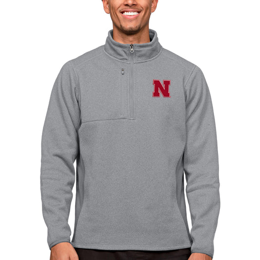 Men's Antigua Heather Gray Nebraska Huskers Course Quarter-Zip Pullover Top