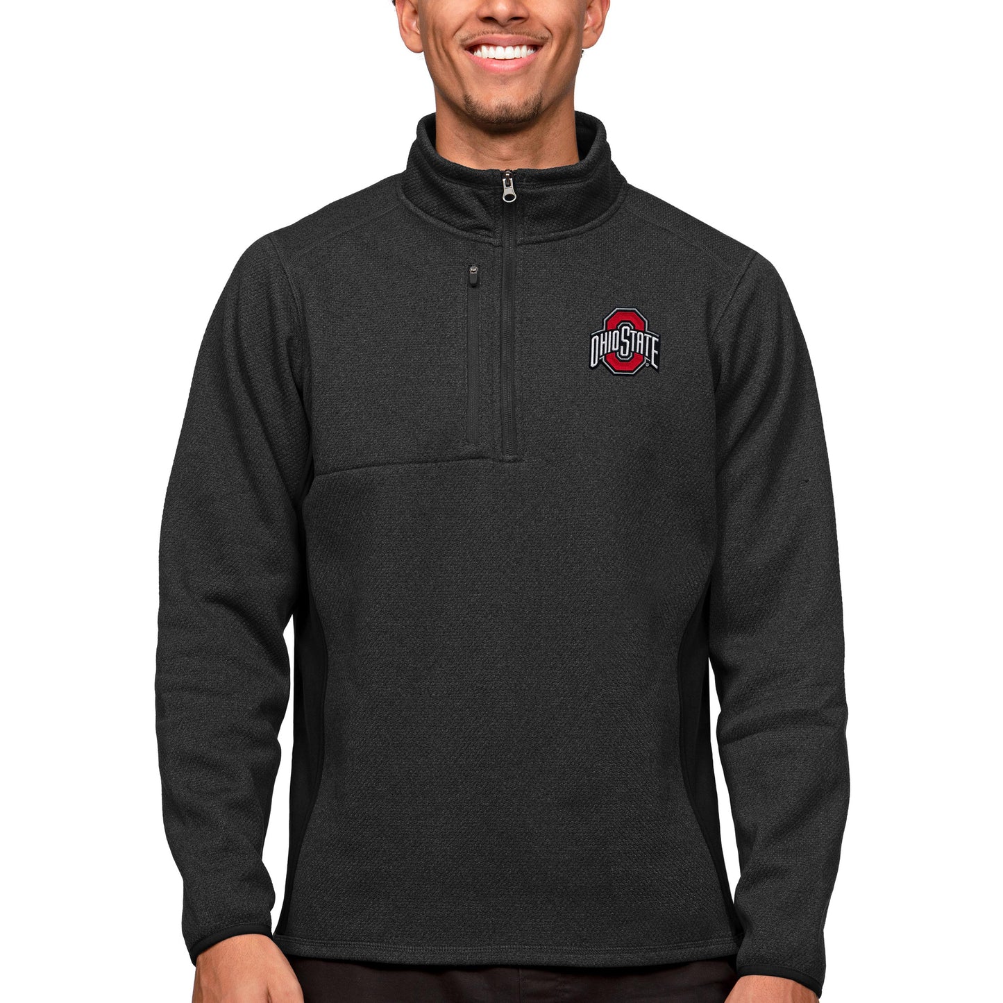 Men's Antigua Heather Black Ohio State Buckeyes Course Quarter-Zip Pullover Top