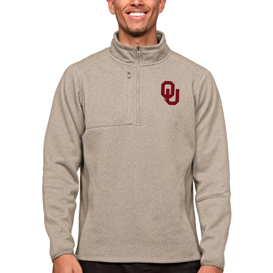 Men's Antigua Oatmeal Oklahoma Sooners Course Quarter-Zip Pullover Top