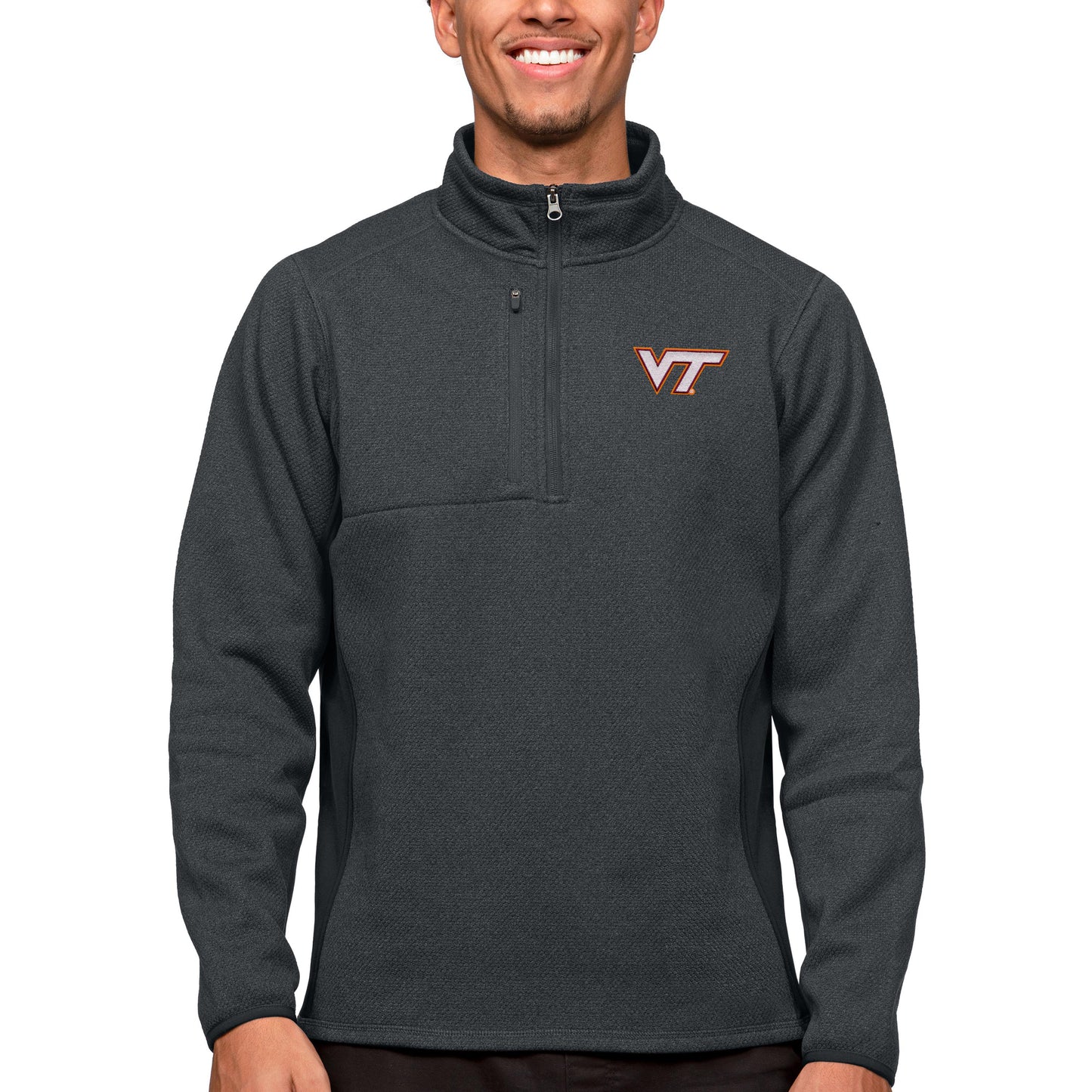 Men's Antigua Heather Charcoal Virginia Tech Hokies Course Quarter-Zip Pullover Top