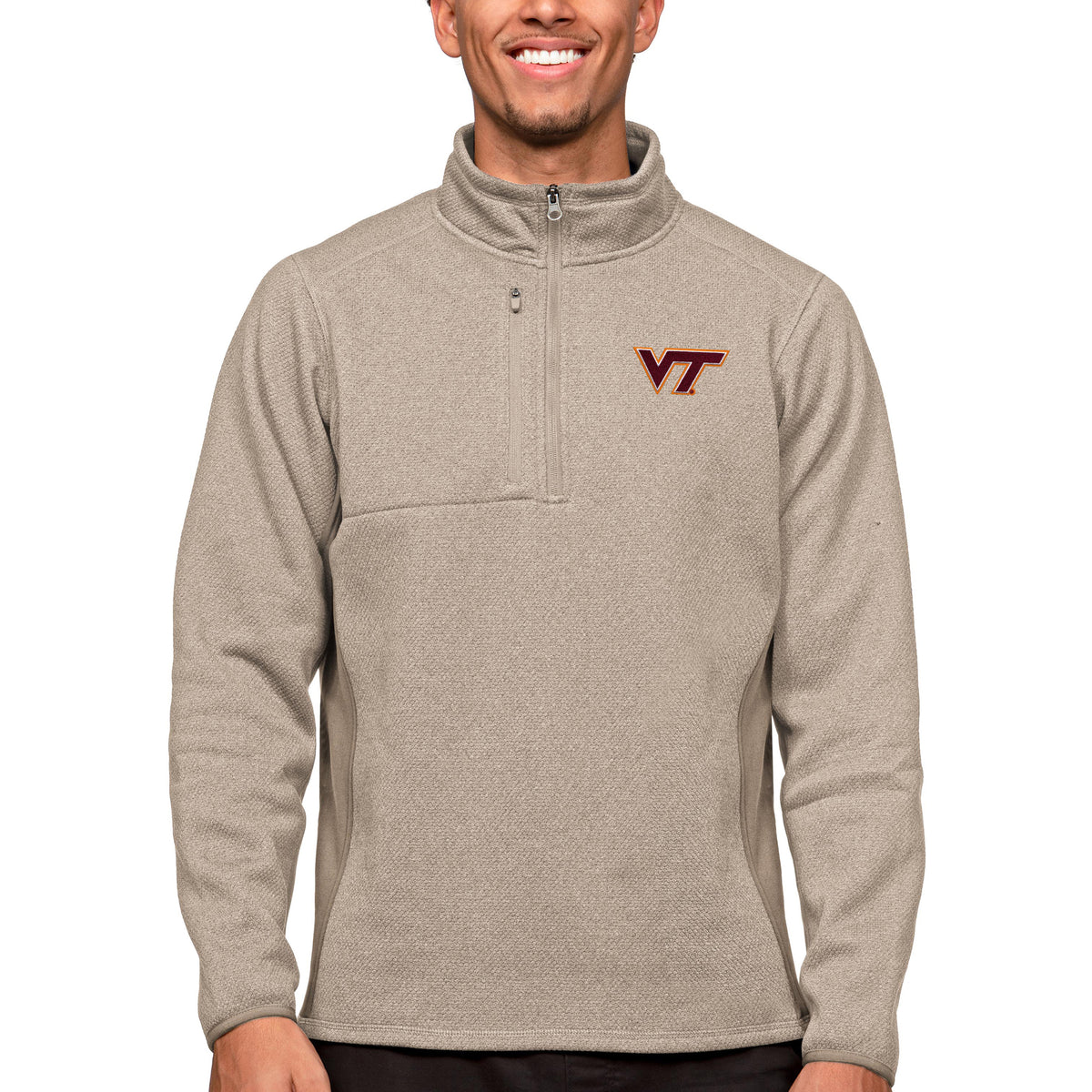 Men's Antigua Oatmeal Virginia Tech Hokies Course Quarter-Zip Pullover Top
