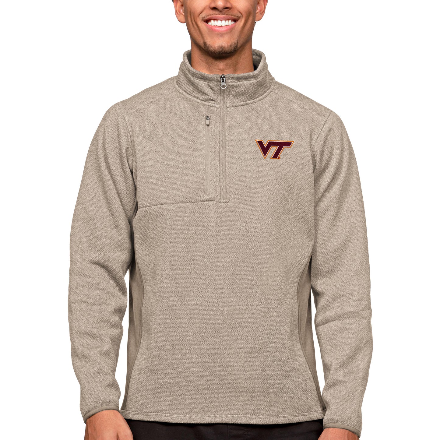 Men's Antigua Oatmeal Virginia Tech Hokies Course Quarter-Zip Pullover Top