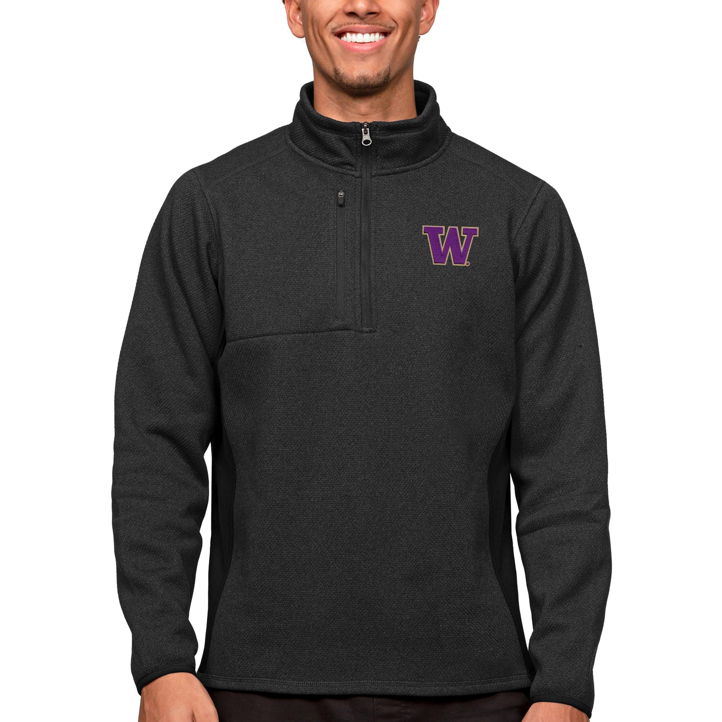 Men's Antigua Heather Black Washington Huskies Course Quarter-Zip Pullover Top