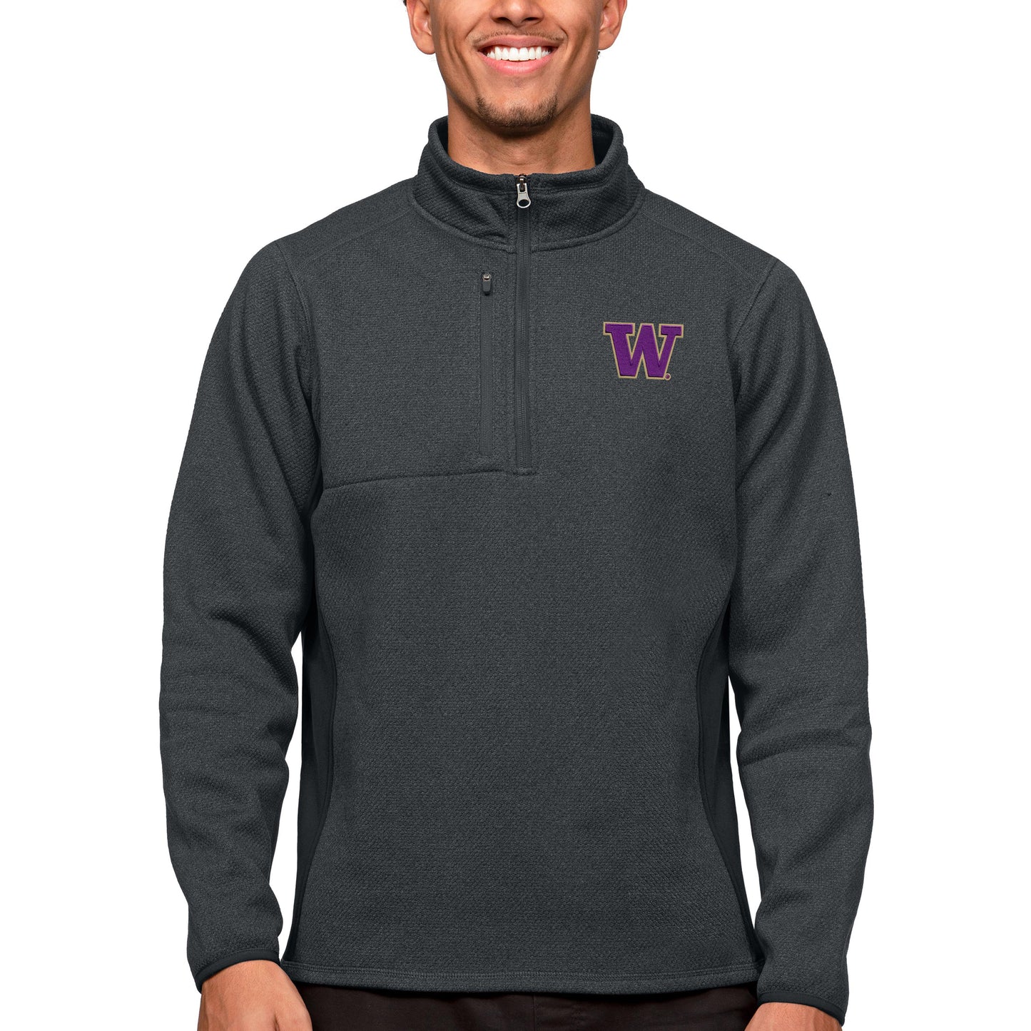 Men's Antigua Heather Charcoal Washington Huskies Course Quarter-Zip Pullover Top