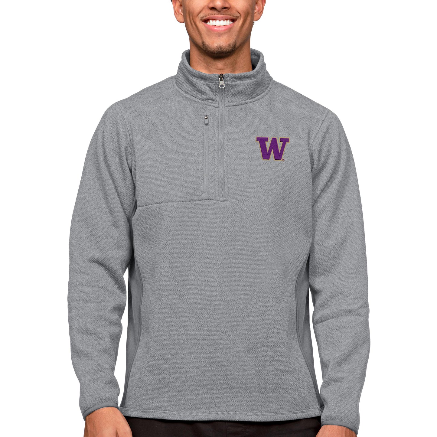 Men's Antigua Heather Gray Washington Huskies Course Quarter-Zip Pullover Top