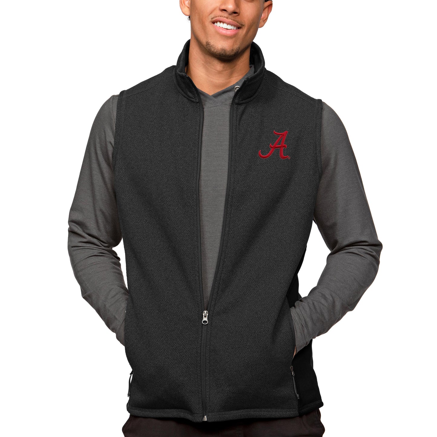 Men's Antigua Heather Black Alabama Crimson Tide Course Full-Zip Vest