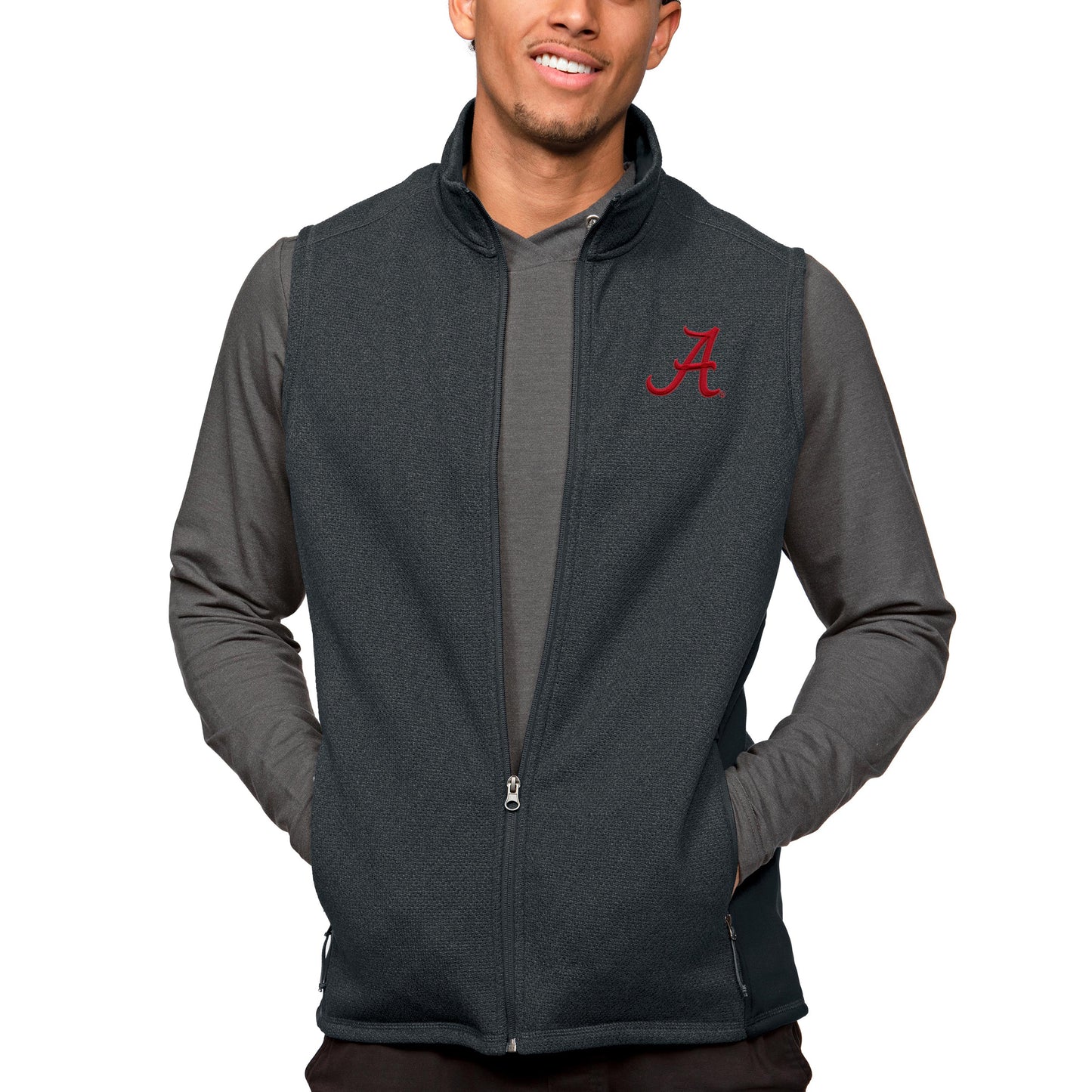 Men's Antigua Heather Charcoal Alabama Crimson Tide Course Full-Zip Vest