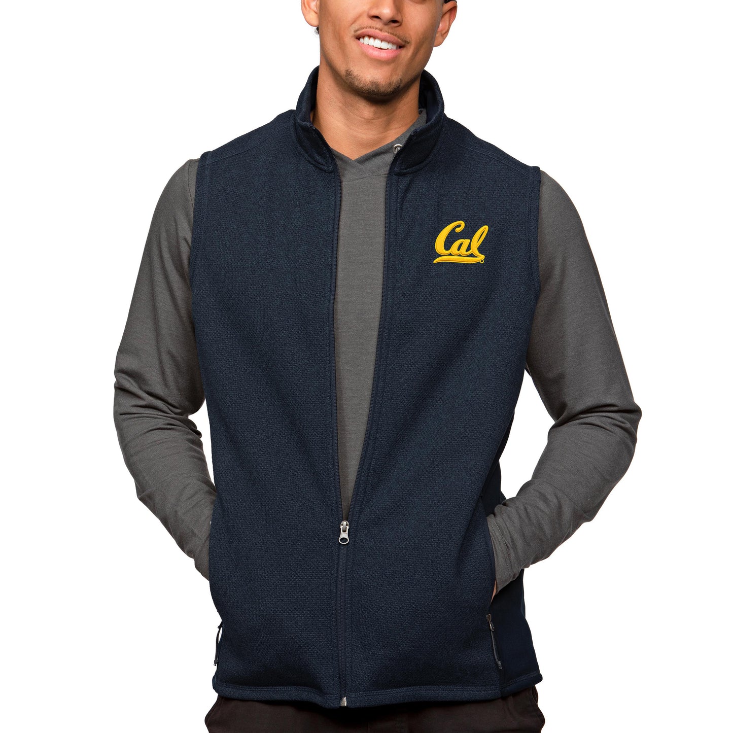 Men's Antigua Heather Navy Cal Bears Course Full-Zip Vest