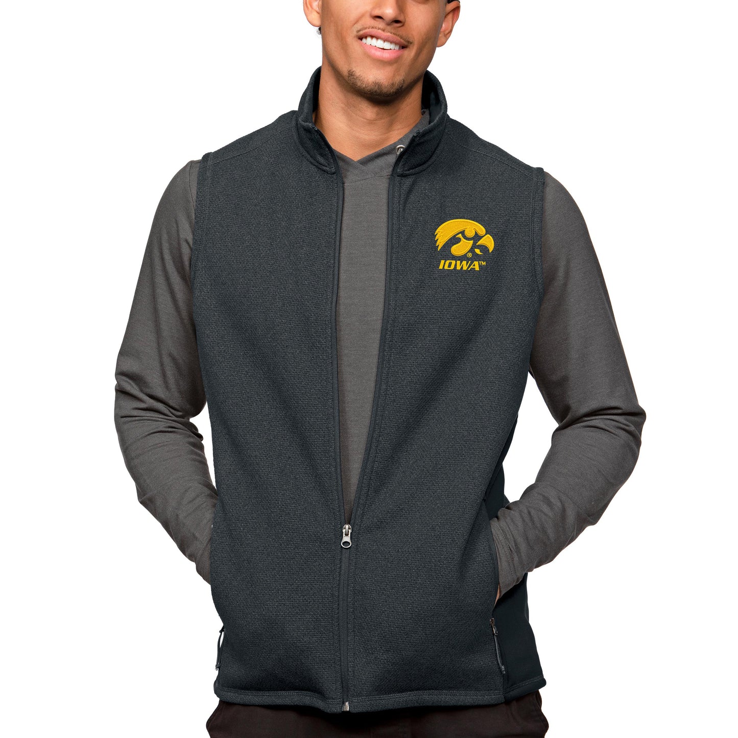 Men's Antigua Heather Charcoal Iowa Hawkeyes Course Full-Zip Vest