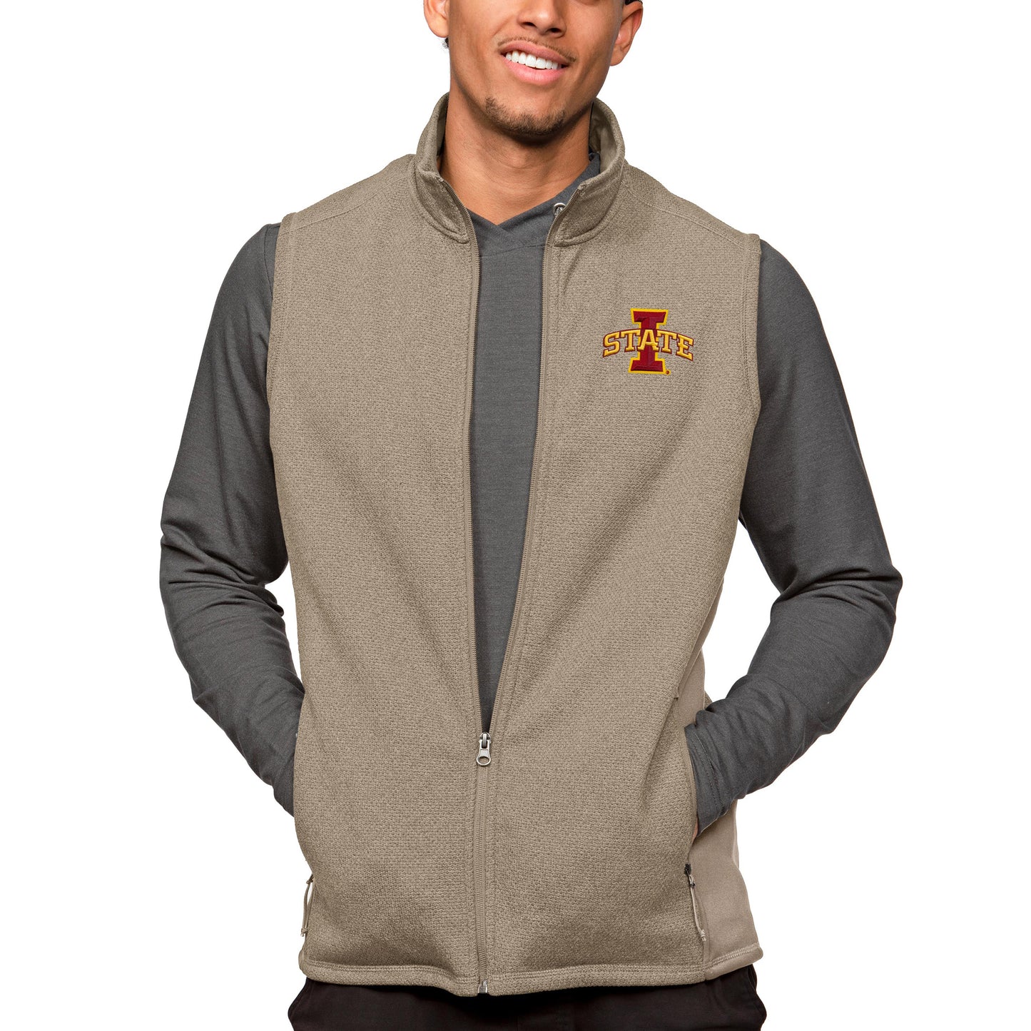 Men's Antigua Oatmeal Iowa State Cyclones Course Full-Zip Vest