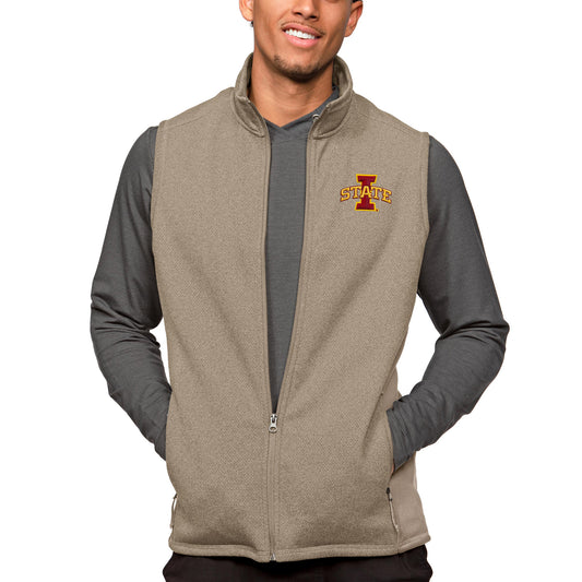 Men's Antigua Oatmeal Iowa State Cyclones Course Full-Zip Vest