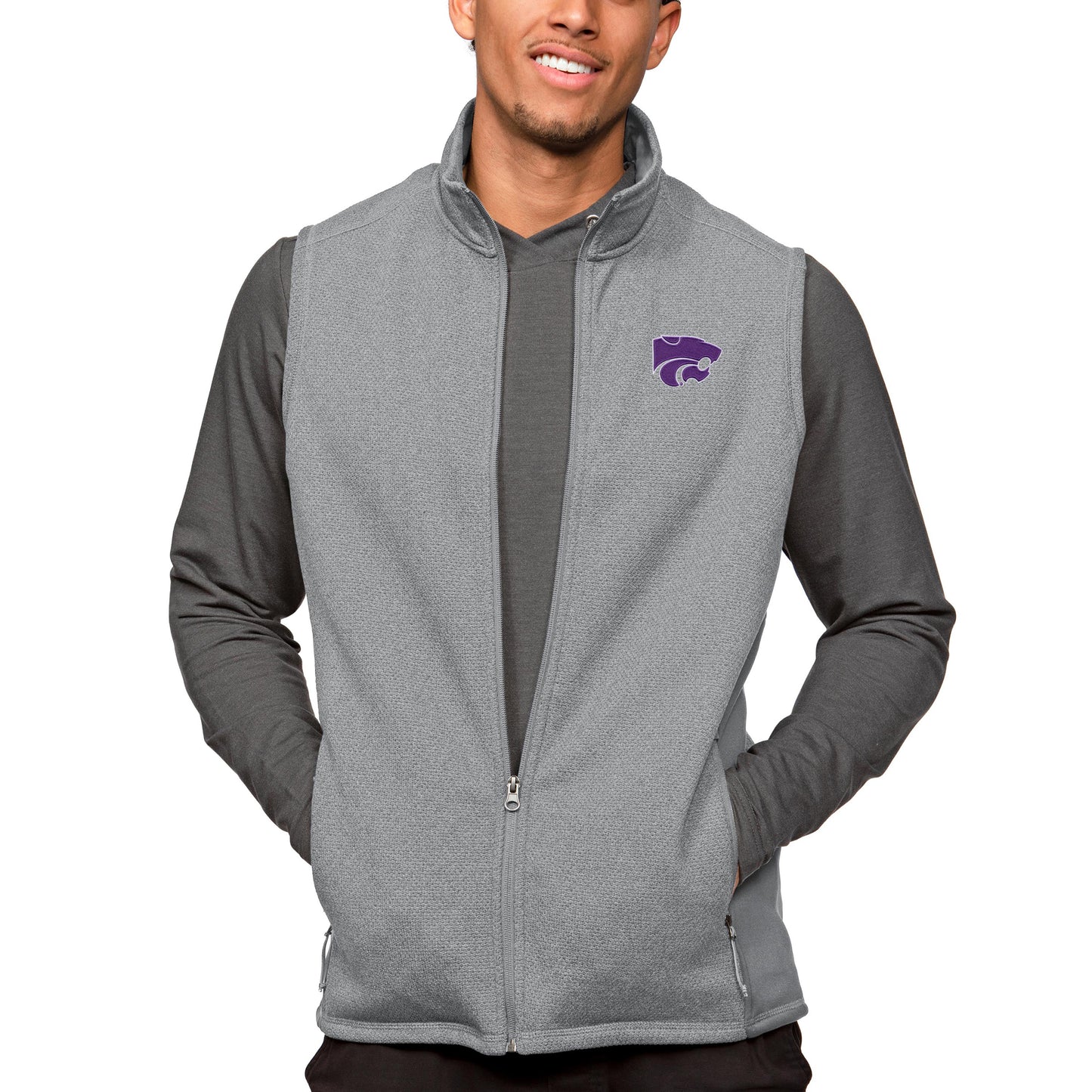 Men's Antigua Heather Gray Kansas State Wildcats Course Full-Zip Vest